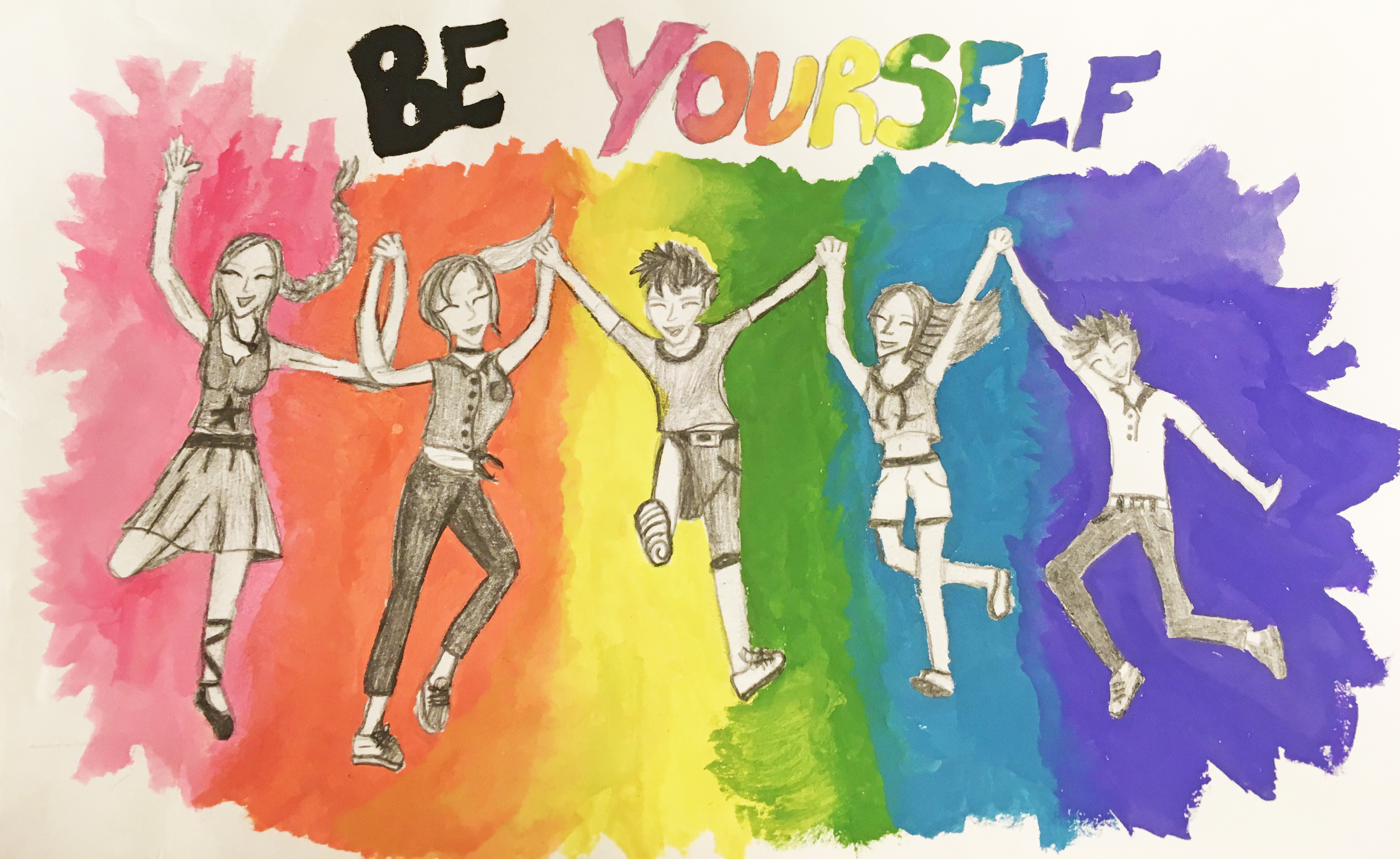 Artwork of a group of people jumping into the air with text 'Be Yourself.'