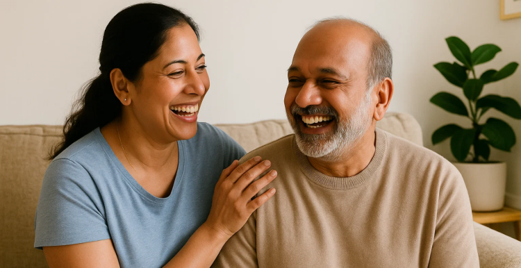 An older daughter sitting next to her elderly father on a couch, both laughing and smiling.