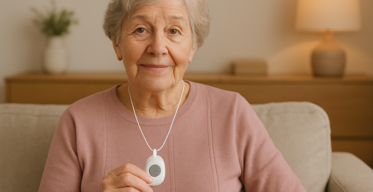 Senior lady sitting on her sofa with a personal alarm in her hand