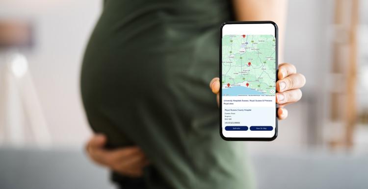 Refer yourself for NHS pregnancy care, a pregnant lady holding her phone with the self referral website