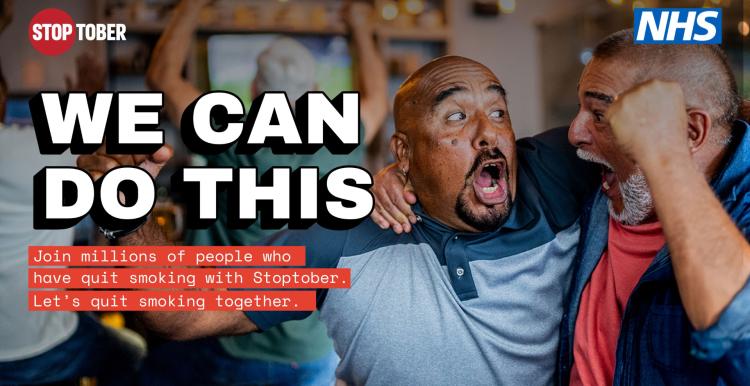 Stoptober - we can do this. 3 men cheering each other. NHS logo