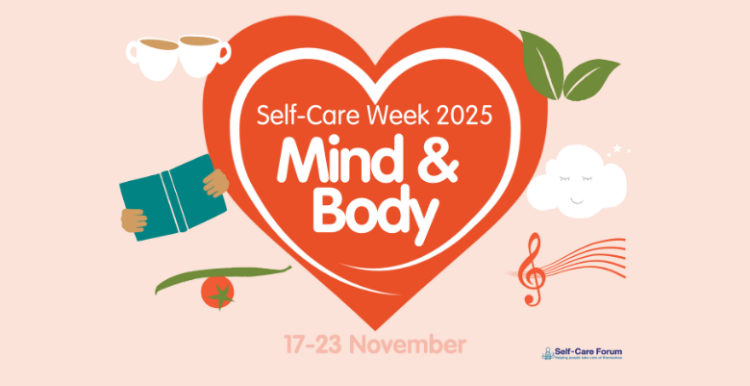 Self care week 2025 - Mind and Body in red heart and graphics of cups of tea, book, vegetables, leaf, cloud and music note