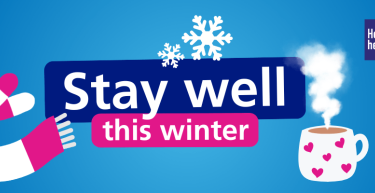 Stay well this winter, Illustrations of a scarf, hot mug of tea, snowflakes, dumbbell and pills.