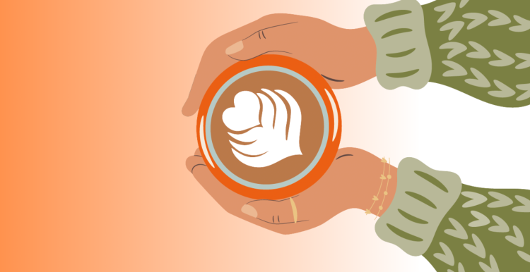 Warm Spaces. Illustration of hands around a mug of coffee