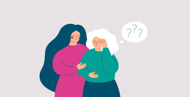 Memory loss concept. Senior woman has a mental disorder or amnesia. Nurse or social worker supports mature female with dementia. Vector illustration