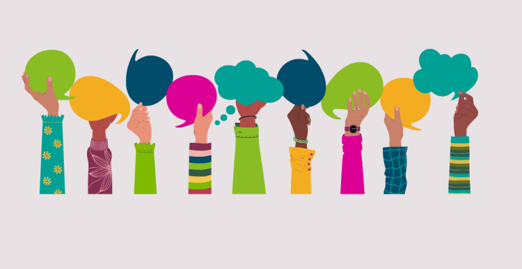 Multiracial hands holding speech bubbles, ideas exchange. Concept of teamwork, cooperation and communication. Hand drawn vector vector illustration isolated on white background, flat cartoon style.