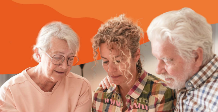 Two elder parents talking to their daughter with orange background