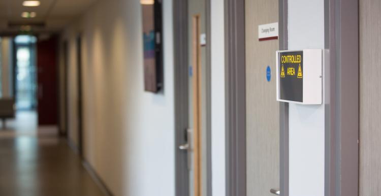 View of a hospital corridor with closed doors