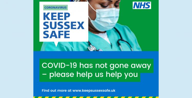 Image of health care worker with mask on. Wording says 'COVID-19 has not gone away - please help us help you.'