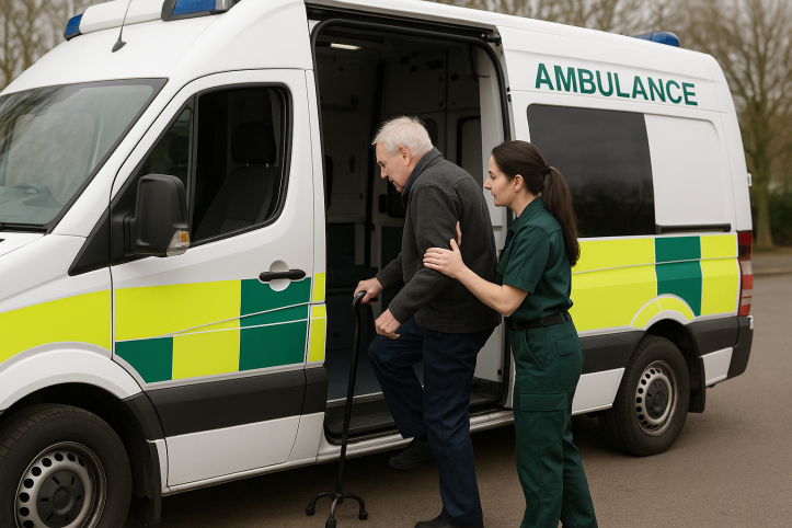 A female ambulance driver helping an elderly man into a non-emergency transport 