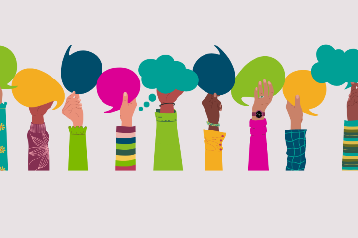 Multiracial hands holding speech bubbles, ideas exchange. Concept of teamwork, cooperation and communication. Hand drawn vector vector illustration isolated on white background, flat cartoon style.