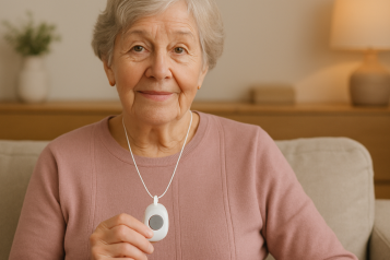 Senior lady sitting on her sofa with a personal alarm in her hand