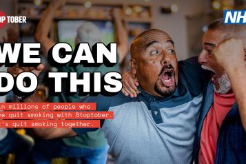 Stoptober - we can do this. 3 men cheering each other. NHS logo