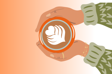 Warm Spaces. Illustration of hands around a mug of coffee