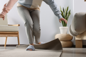 Image of a person who is about to fall after tripping up on an upturned carpet edge