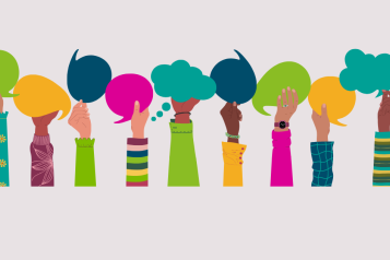 Multiracial hands holding speech bubbles, ideas exchange. Concept of teamwork, cooperation and communication. Hand drawn vector vector illustration isolated on white background, flat cartoon style.
