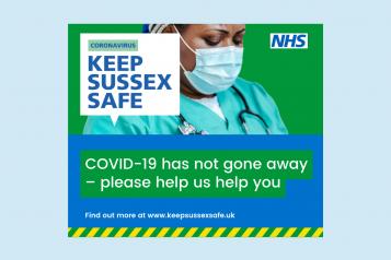 Image of health care worker with mask on. Wording says 'COVID-19 has not gone away - please help us help you.'