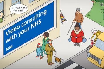 Illustration of a street with billboard saying 'Video consulting with your NHS'