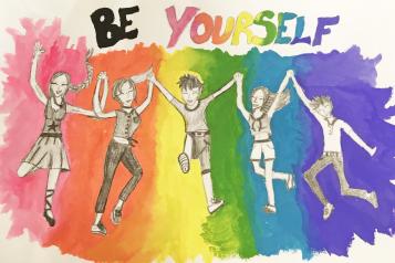 Artwork of a group of people jumping into the air with text 'Be Yourself.'