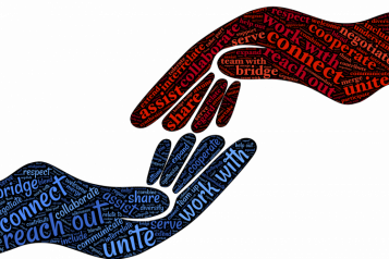 Hands grasping with supportive words like 'connect'