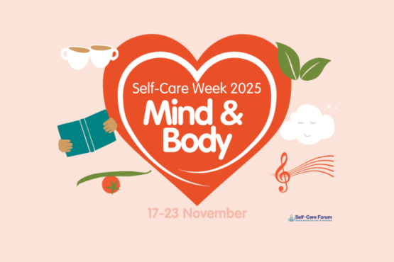 Self care week 2025 - Mind and Body in red heart and graphics of cups of tea, book, vegetables, leaf, cloud and music note