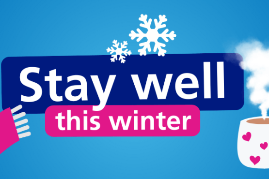 Stay well this winter, Illustrations of a scarf, hot mug of tea, snowflakes, dumbbell and pills.