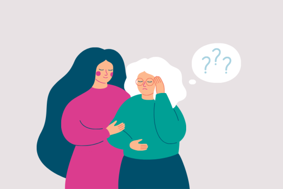Memory loss concept. Senior woman has a mental disorder or amnesia. Nurse or social worker supports mature female with dementia. Vector illustration