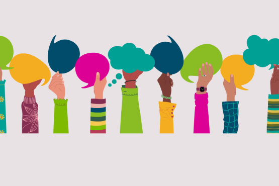 Multiracial hands holding speech bubbles, ideas exchange. Concept of teamwork, cooperation and communication. Hand drawn vector vector illustration isolated on white background, flat cartoon style.