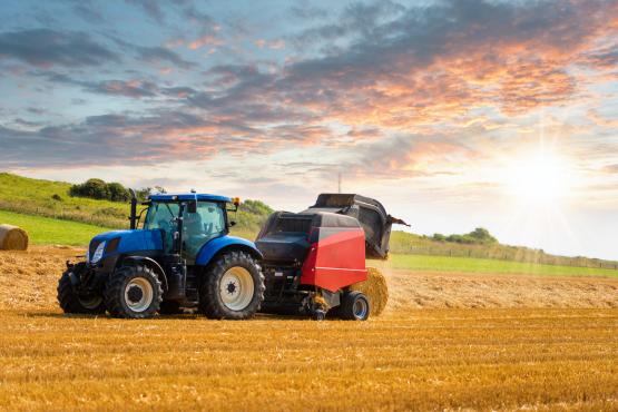 Tractor preparing of straw millstones in a field with sunlight during August